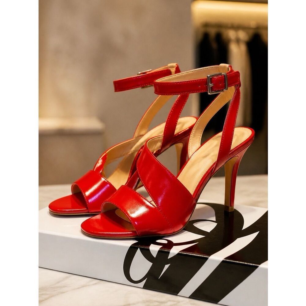 RED LEATHER STRAPPY 3” HEELS ANKLE STRAP BY NINE WEST SIZE 7 EUC